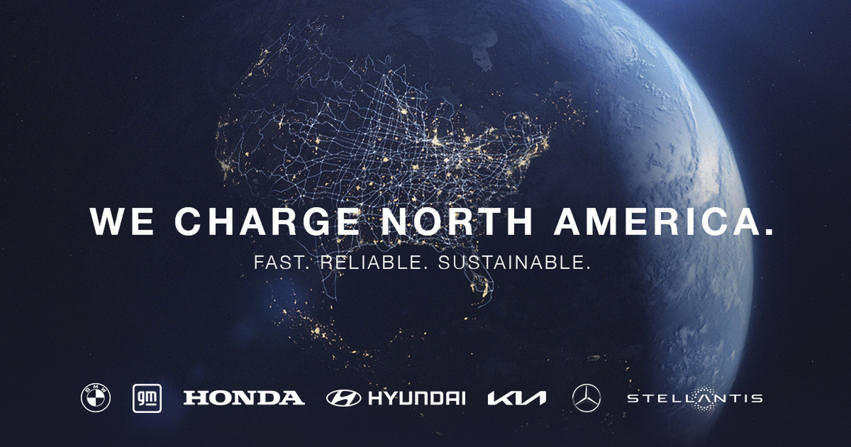 An image representing the new North American charging network established by BMW, General Motors, Honda, Hyundai, Kia, Mercedes-Benz and Stellantis (Hyundai Motor Group)