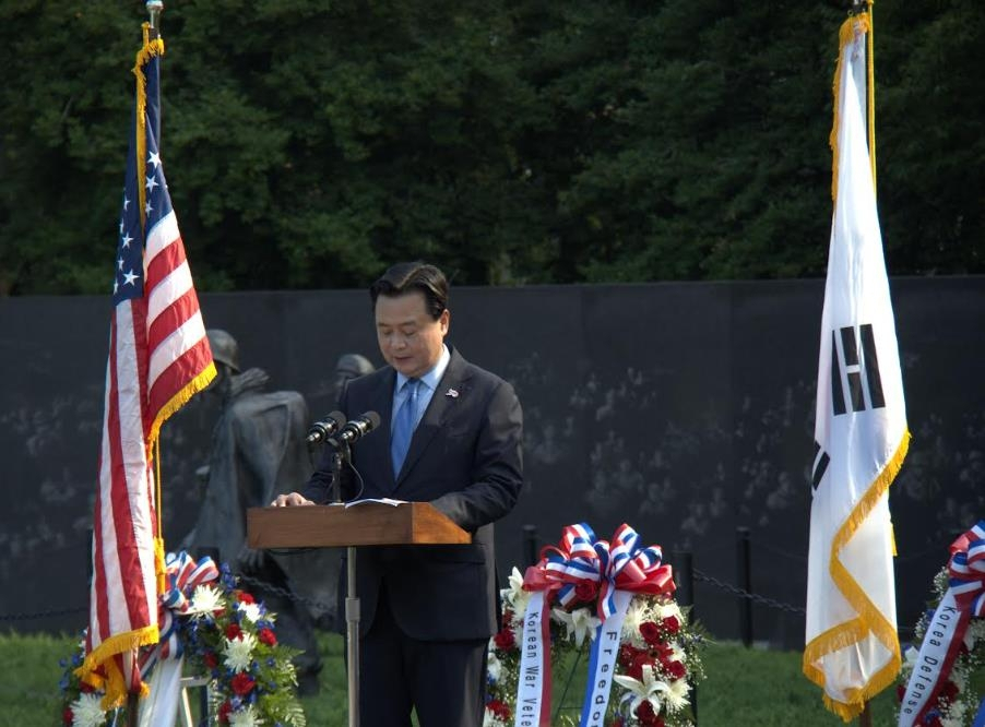 South Korean Ambassador to the United States Cho Hyun-dong delivers remarks during a ceremony marking the 70th anniversary of the Korean armistice in Washington on Thursday. (Yonhap)