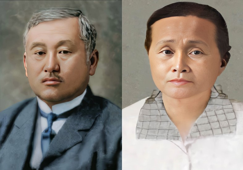 Photos of independence activist Choi Jae-hyung and his wife, Elena Petrovna Choi are restored using artificial intelligence. (Ministry of Patriots and Veterans Affairs)