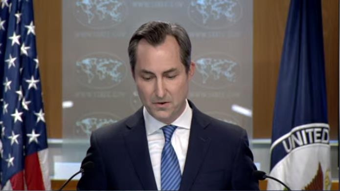 State Department Press Secretary Matthew Miller is seen answering questions during a daily press briefing at the department in Washington on Monday. (Yonhap)