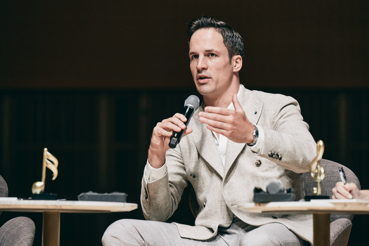 Andreas Ottensamer, the artistic director of Classic Revolution, Lotte Concert Hall's summer festival, talks during a press conference on Tuesday at Lotte Concert Hall in Jamsil, Seoul. (Lotte Concert Hall)