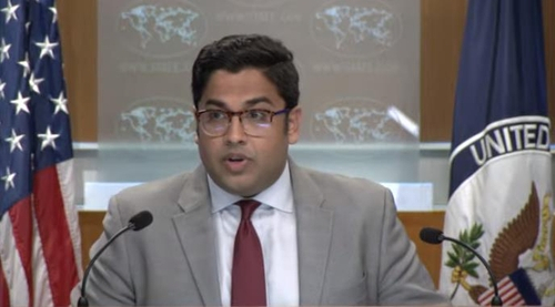 State department deputy spokesperson Vedant Patel is seen answering questions during a daily press briefing at the department in Washington on Tuesday. (US Department of State)