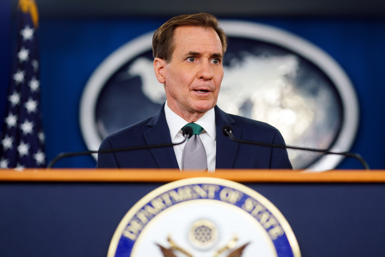 John Kirby, National Security Council coordinator for strategic communications, is seen speaking during a press briefing at the Foreign Press Center in Washington on Wednesday. (EPA-Yonhap)