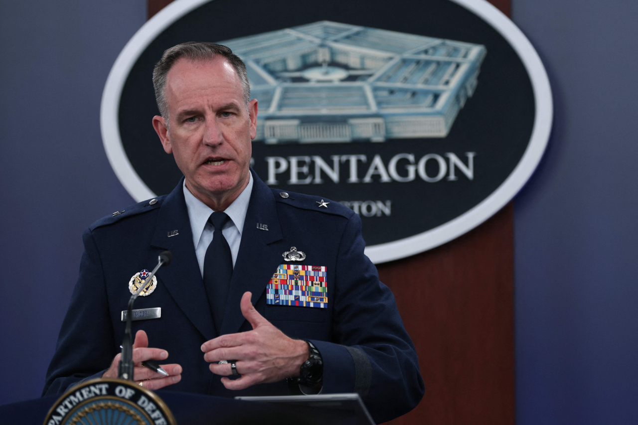Department of Defense Press Secretary Brig. Gen. Pat Ryder is seen answering questions during a daily press briefing at the Pentagon in Washington on Thursday in this captured image. (AFP-Yonhap)