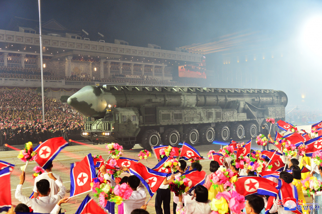 A Hwasong-18 intercontinental ballistic missile takes part in a military parade in Kim Il Sung Square on Victory Day to mark 70 years since the end of the Korean War on July 27. (KCNA-Yonhap)