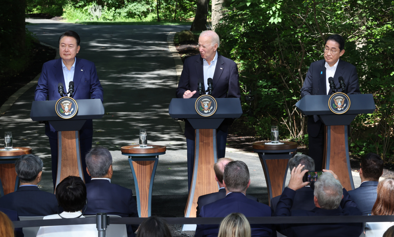 US President Joe Biden speaks at a joint press conference between the Korean and Japan leaders held at Camp David, near Washington, DC on Friday (local time).
