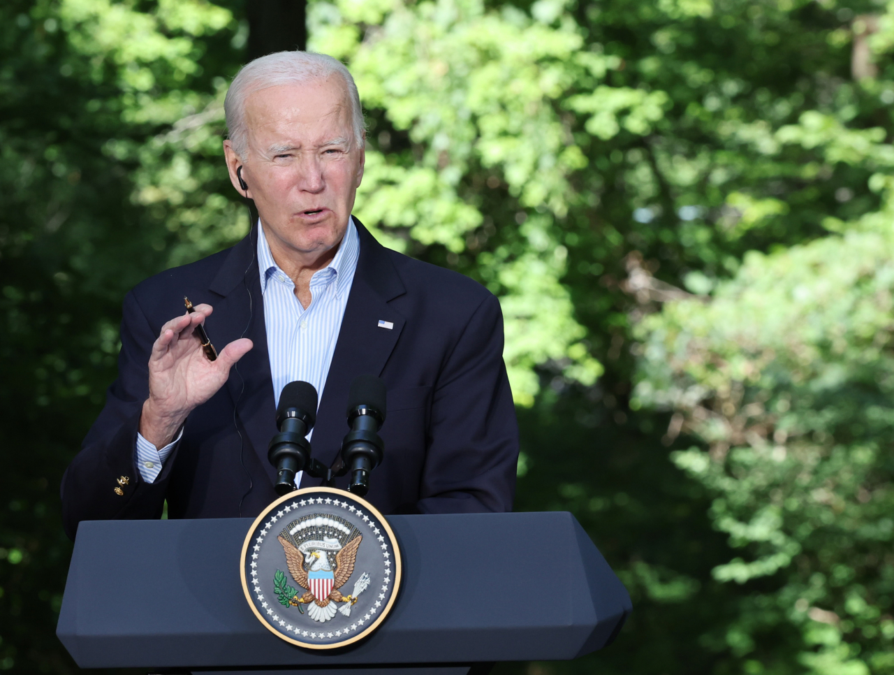 US President Joe Biden speaks during a joint press conference with his South Korean and Japanese counterparts, Yoon Suk Yeol and Fumio Kishida, at Camp David in Maryland on Friday (local time). (Yonhap)