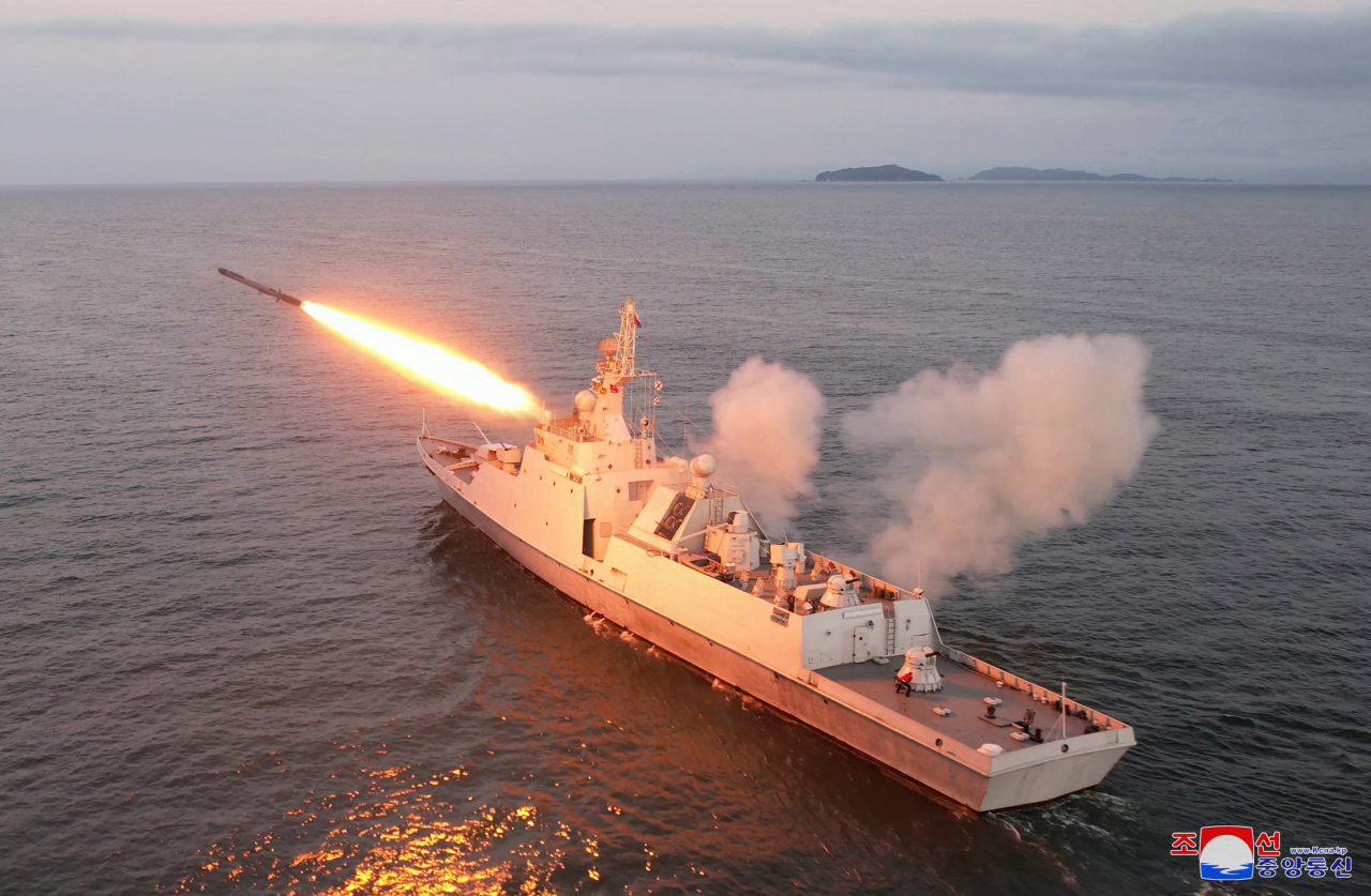 This undated photo, released by North Korea's official Korean Central News Agency on Monday, shows a test launch of a purported strategic cruise missile, which North Korean leader Kim Jong-un inspected during a visit to the Guards 2nd Surface Ship Flotilla of the East Sea Fleet of North Korea's navy. (Yonhap)