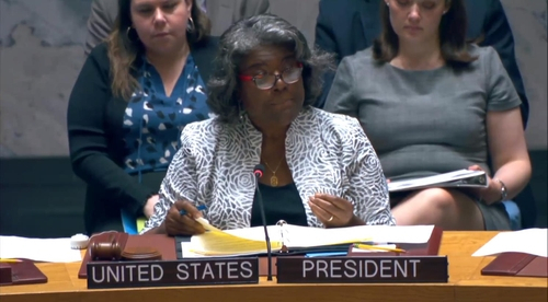 US Ambassador to the United Nations Linda Thomas-Greenfield is seen speaking during a UN Security Council meeting in New York on Friday. (UNSC)