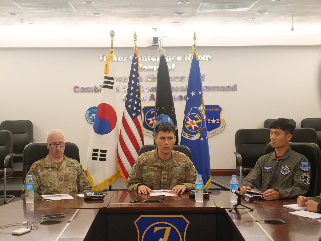 From right: South Korea Air Force Space Operation Squadron Commander Lt. Col. Kim Jong-ha, US Space Forces Korea Deputy Commander Maj. Charles Taylor and US Space Forces Korea Senior Enlisted Leader Master Sgt. Shawn Stafford speak to media at Osan Air Base in Gyeonggi Province on Wednesday. (Photo - The Korea Herald)