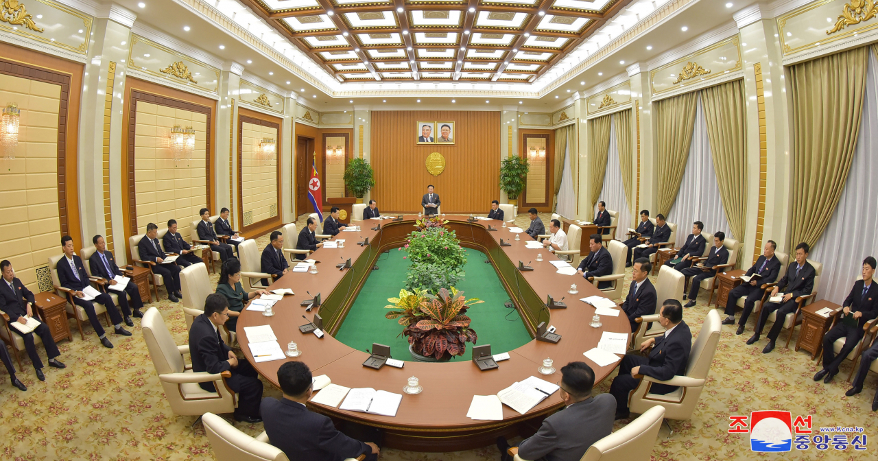 This photo from Thursday shows a plenary meeting of the standing committee of the Supreme People's Assembly in North Korea the previous day. (KCNA)