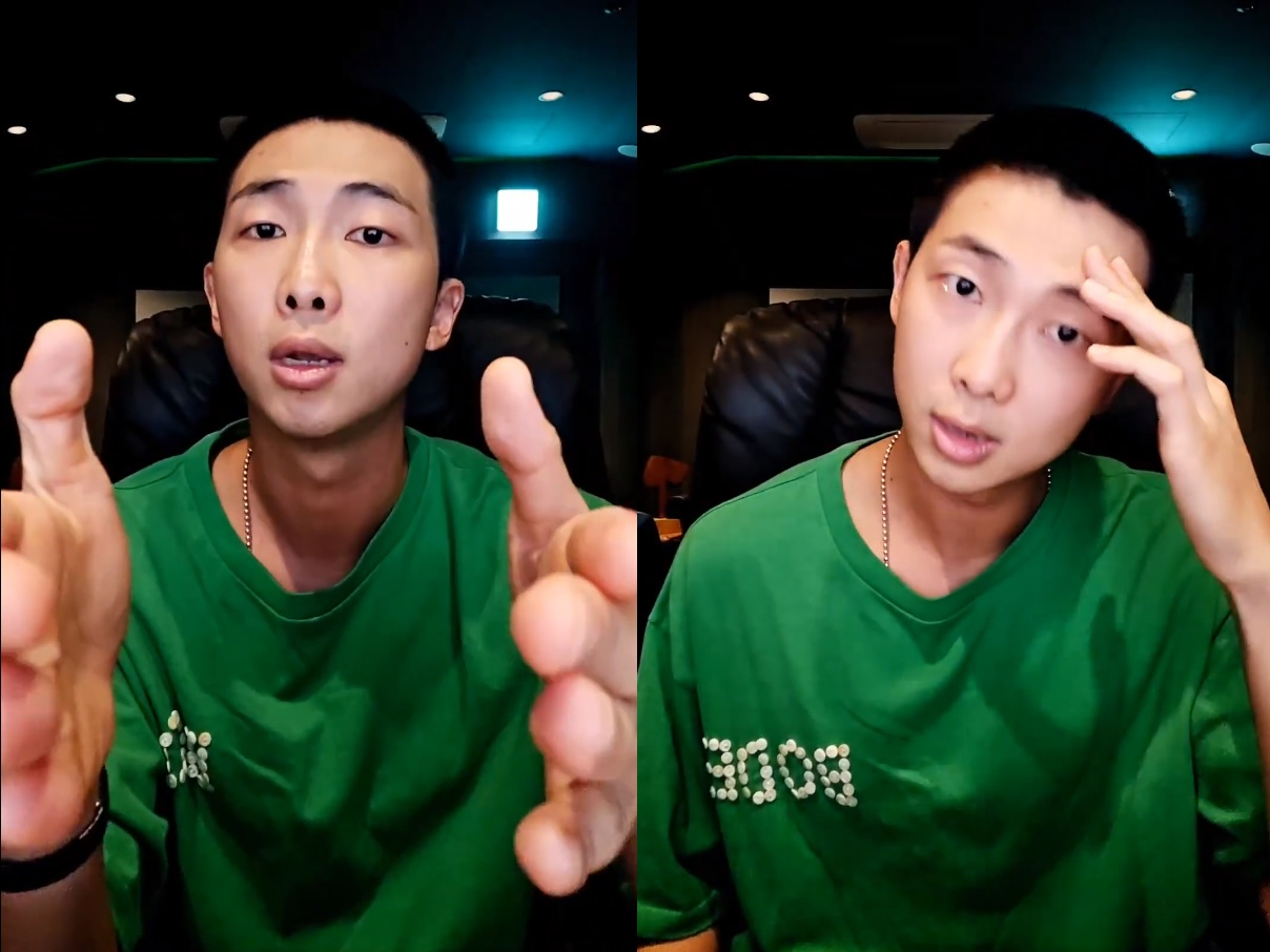 BTS' RM speaks during Weverse live broadcast on Wednesday. (Screenshots from Weverse)