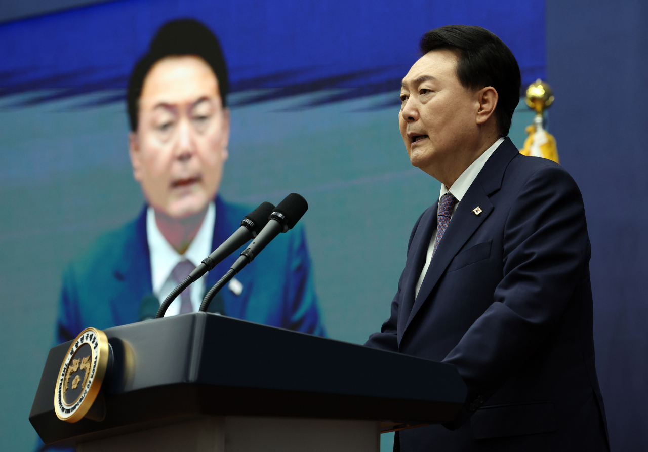 President Yoon Suk Yeol is seen speaking at the Korea National Diplomatic Academy in Seoul on Sept. 1. (Yonhap)