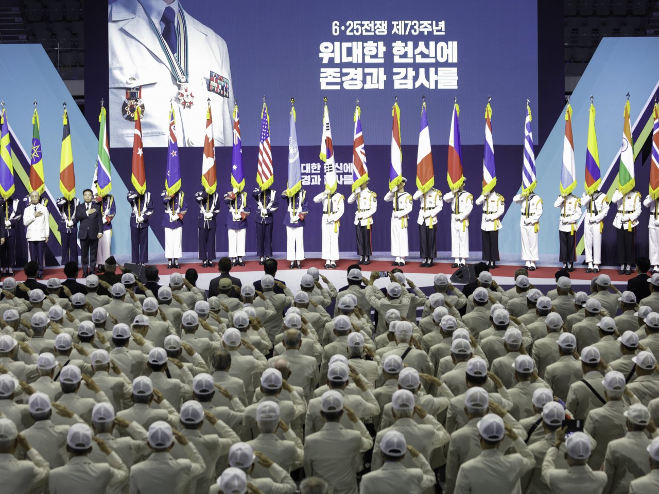 The Ministry of Patriots and Veterans Affairs hosted a ceremony to honor the sacrifices of South Korea, the United States, and United Nations Member States' veterans who fought for South Korean security during the Korean War. The event took place to commemorate the 73rd anniversary of the beginning of the Korean War at Jangchung Arena, Seoul on June 25, 2023. (Photo - United Nations Command)