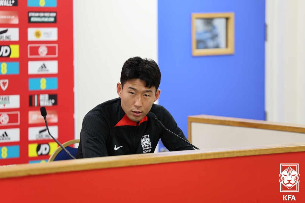 Son Heung-min, captain of the South Korean men's national football team, speaks at a press conference at Cardiff City Stadium in Cardiff on Wednesday, ahead of a friendly match against Wales. (Korea Football Association)