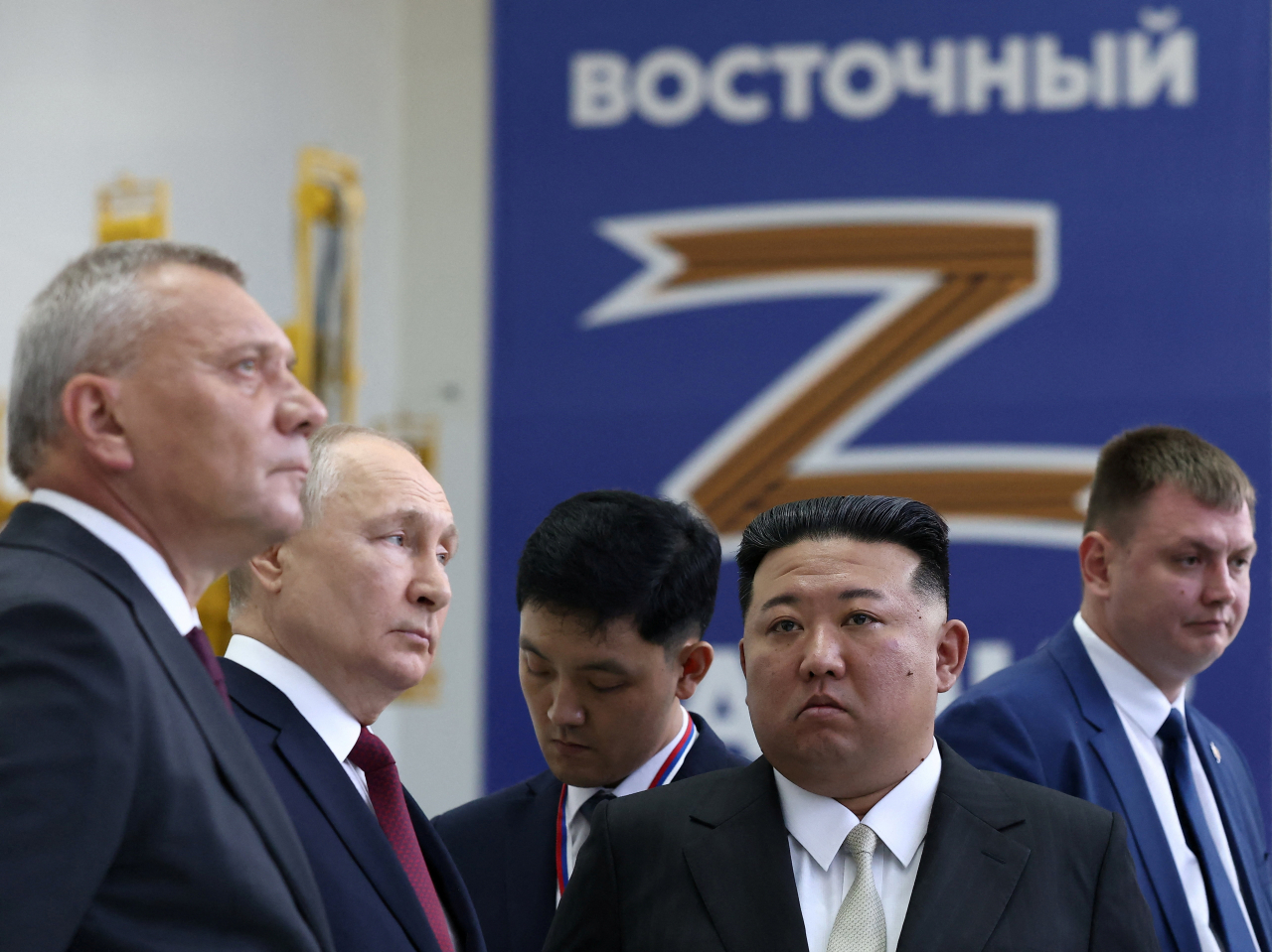 Russia's President Vladimir Putin and North Korea's leader Kim Jong-un visit the Vostochny Cosmodrome in the far eastern Amur region, Russia on Wednesday. (Reuters)