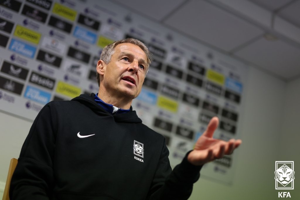 Jurgen Klinsmann, the head coach of the South Korean men's national football team talks during an interview after the match with Saudi Arabia on Tuesday in Newcastle, England. (KFA)