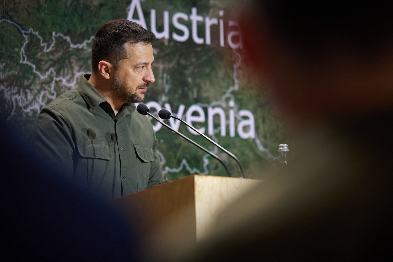 This handout photograph taken and released by the Ukrainian Presidential press service on September 8 shows President of Ukraine Volodymyr Zelensky speaking during the 18th meeting of the Yalta European Strategy 