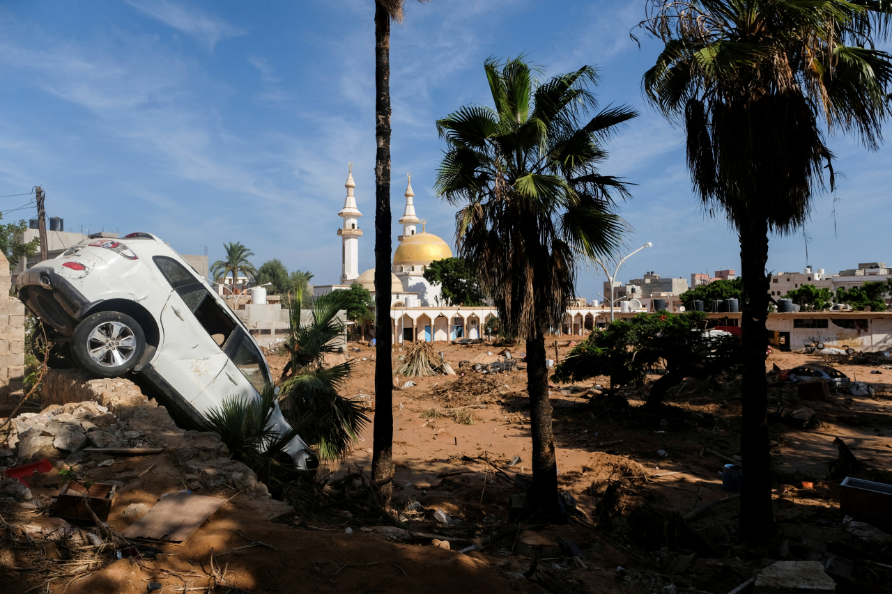 A view shows a damaged car, in the aftermath of the floods in Derna, Libya Sept. 17, 2023. Reuters