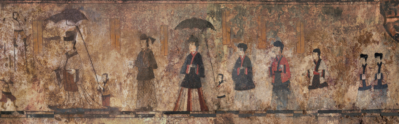 A Goguryeo-era painting depicting an outing by a noble couple and their family in the 5th century, found in an ancient tomb in Susahn-ri, Gangseo-gun, South Pyongan Province, North Korea. (Northeast Asian History Foundation)