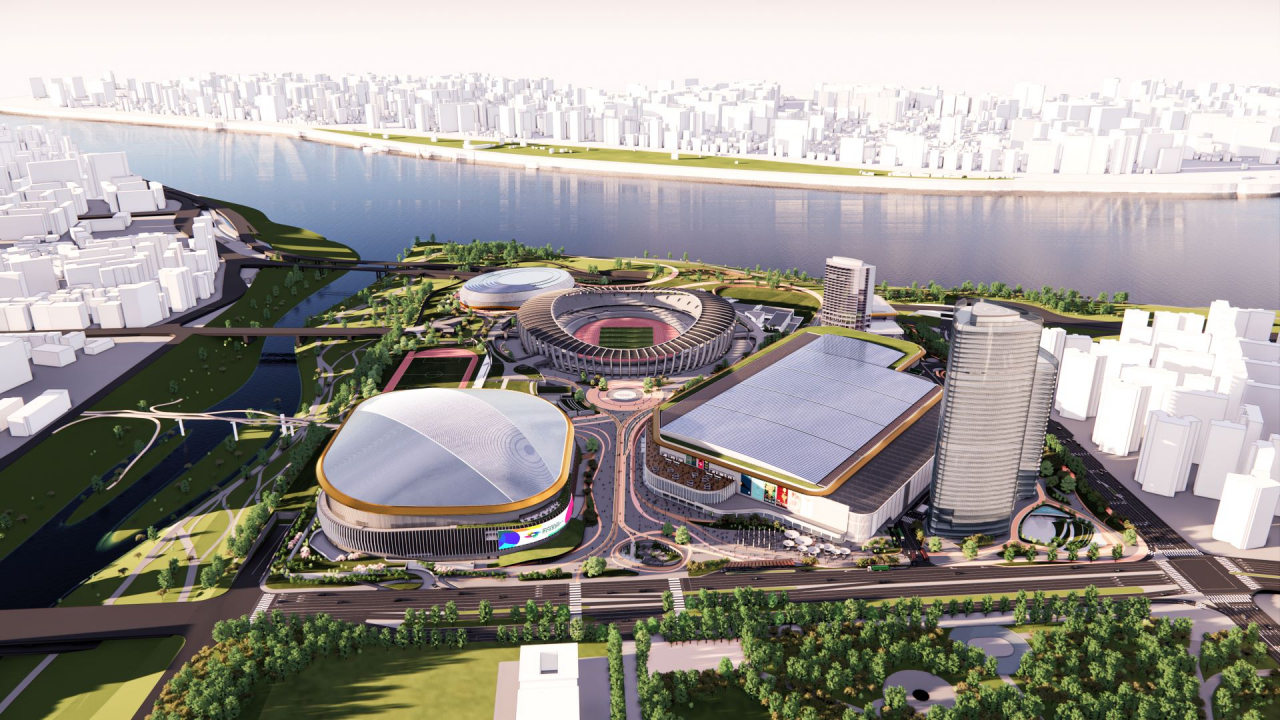 A projected image of the Jamsil Sports Complex, including a domed baseball stadium and a convention center (Seoul Metropolitan Government)