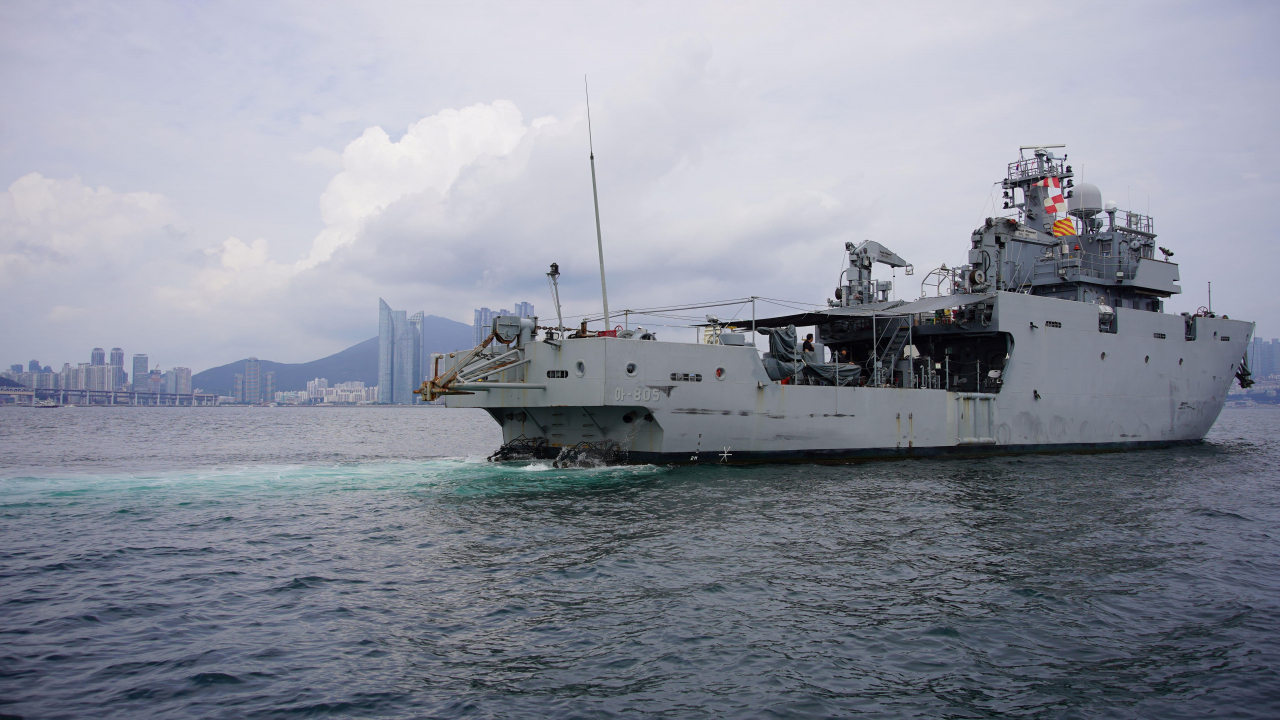 A South Korean naval support vessel, equipped with a hull-mounted SONAR (Sound Navigation and Ranging) system, is deployed to the area for the underwater search operation. (Photo courtesy of the Ministry of National Defense Agency for Killed in Action Recovery Identification)