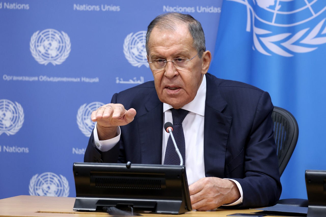 Russia's Minister of Foreign Affairs Sergey Lavrov speaks during a press conference at the 78th session of the United Nations General Assembly at UN Headquarters in New York on Saturday. (TASS-Yonhap)