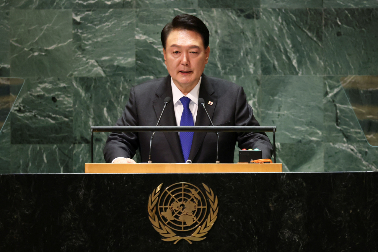 South Korean President Yoon Suk Yeol addresses the 78th United Nations General Assembly at UN headquarters in New York, the US, Sept. 20, 2023. (Reuters)
