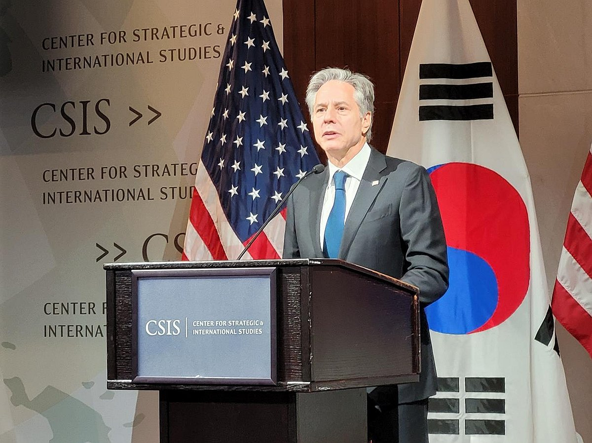 US Secretary of State Antony Blinken speaks during a forum, co-hosted by the Center for Strategic and International Studies and the Korea Foundation, in Washington on Monday. (Yonhap)