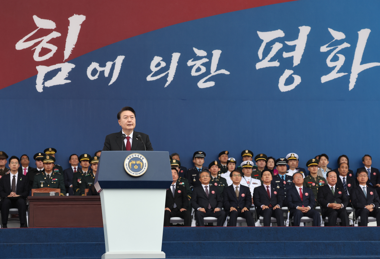 President Yook Suk Yeol speaks during a ceremony to mark the 75th anniversary of Armed Forces Day at Seoul Air Base in Seongnam, south of Seoul on Tuesday. (Yonhap)