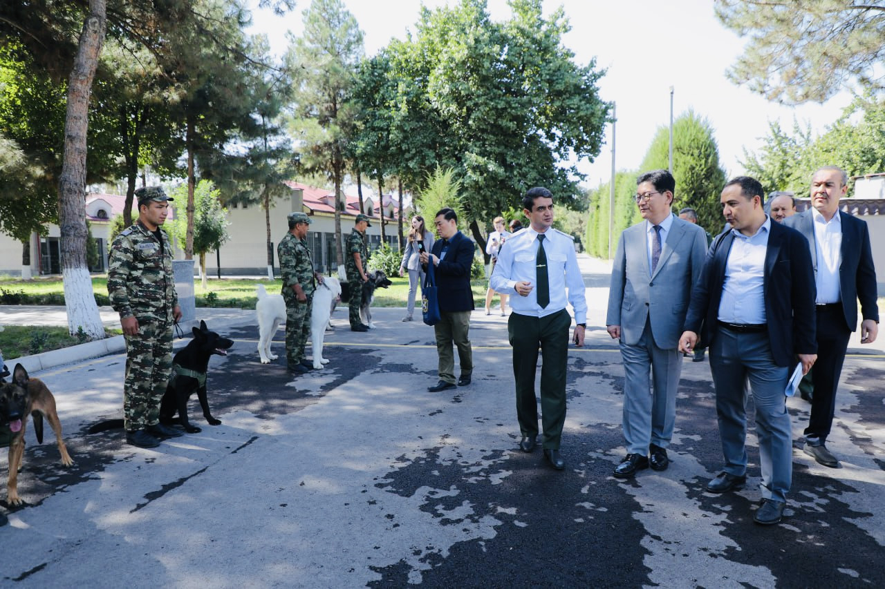 Chief of the Korea Customs Service Ko Kwang-hyo oversee service dogs prepared by the National Cynology Center in Tashkent. (Uzbekistan’s Customs Committee)