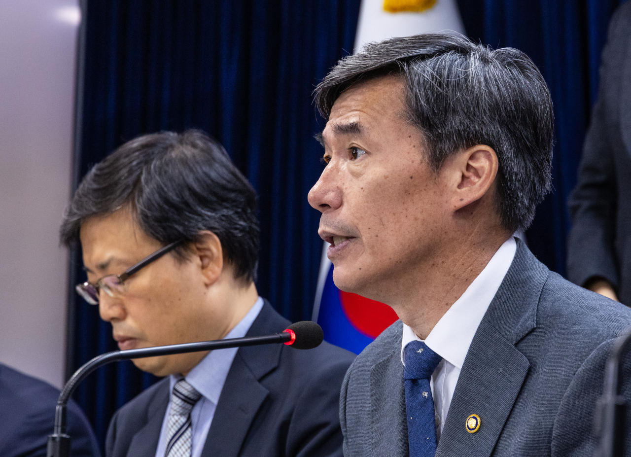 Park Ku-yeon, the first vice minister of the Office for Government Policy Coordination, speaks during a press conference over the Fukushima water release on Thursday in Seoul. (Yonhap)