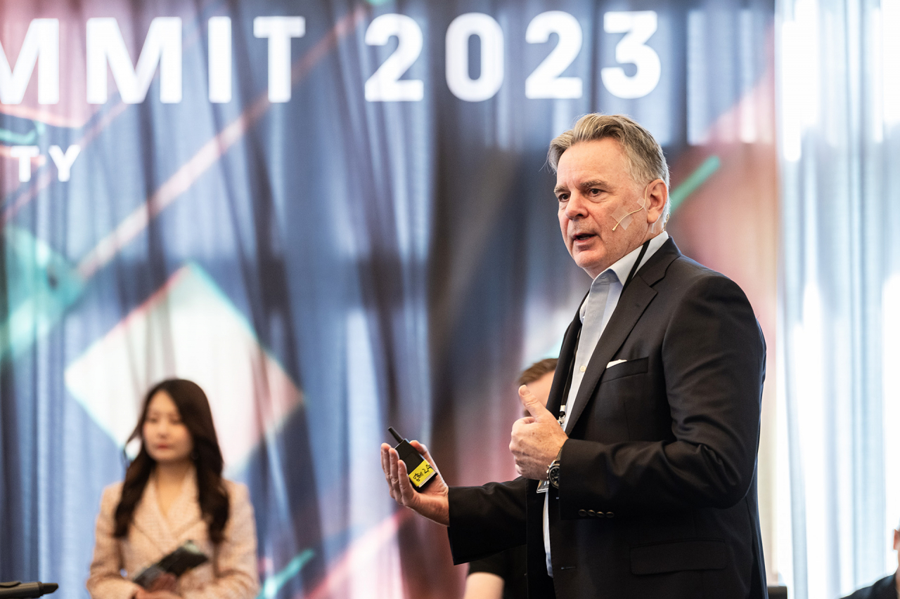 Rory Armes, Unity's Vice President of Solutions Development, articulates the company's renewed focus on the APAC region, spurred by the regions's growing adoption of digital twin technologies, during the Unity APAC Industry Summit 2023 held in Seoul on Thursday. (Unity)