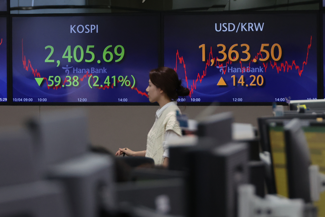 Electronic boards at Hana Bank dealing room in central Seoul show Kospi and Kosdaq prices on Wednesday. (Yonhap)