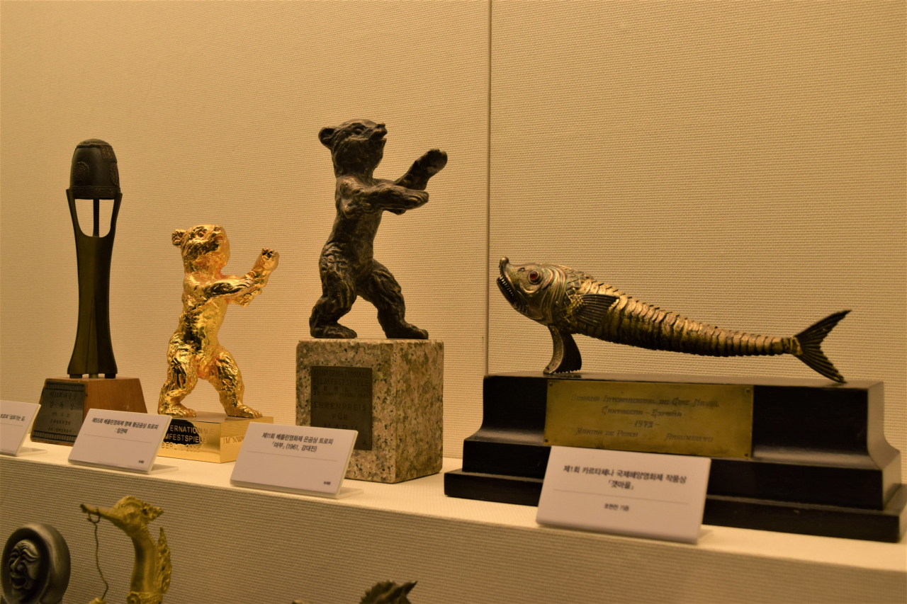 Donated trophies that were given to Korean films at various international film festivals (Kim Hae-yeon/ The Korea Herald)