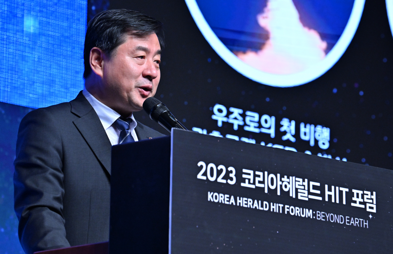 Lee Joon-won, senior vice president at Hanwha Aerospace speaks during The Korea Herald’s HIT Forum held on Wednesday at the Shilla Seoul, in Jung-gu, central Seoul. (Im Se-jun/The Korea Herald)