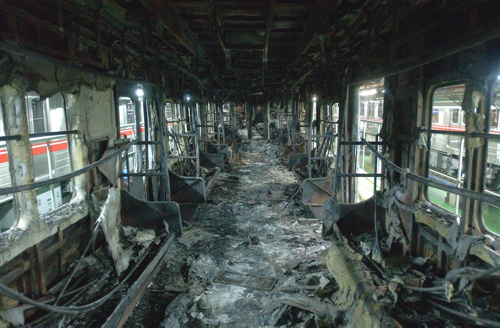 The interior of one of the subway trains destroyed in the Daegu metro fire, as seen in this undated file photo (Yonhap)