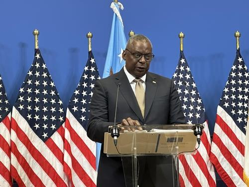 US Defense Secretary Lloyd Austin speaks during a press conference at the North Atlantic Treaty Organization's headquarters in Brussels on Wednesday. (Yonhap)