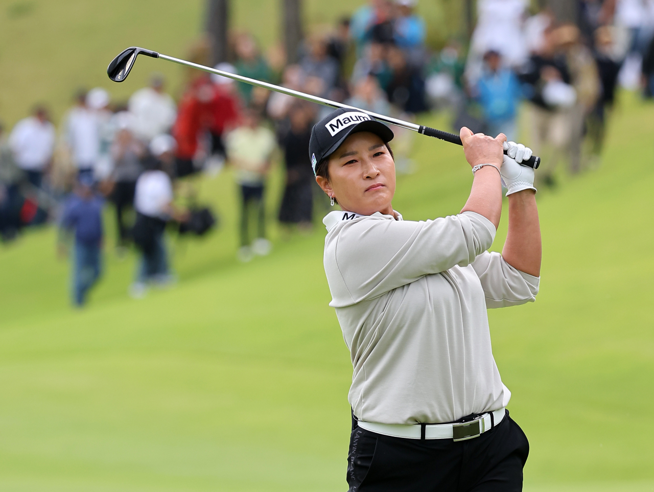 Pak Se-ri plays her second shot on 2023 Maum Pak Se-ri World Match Golf Tournament at Stonegate Country Club in Gijang, Busan, on Saturday. (Yonhap)