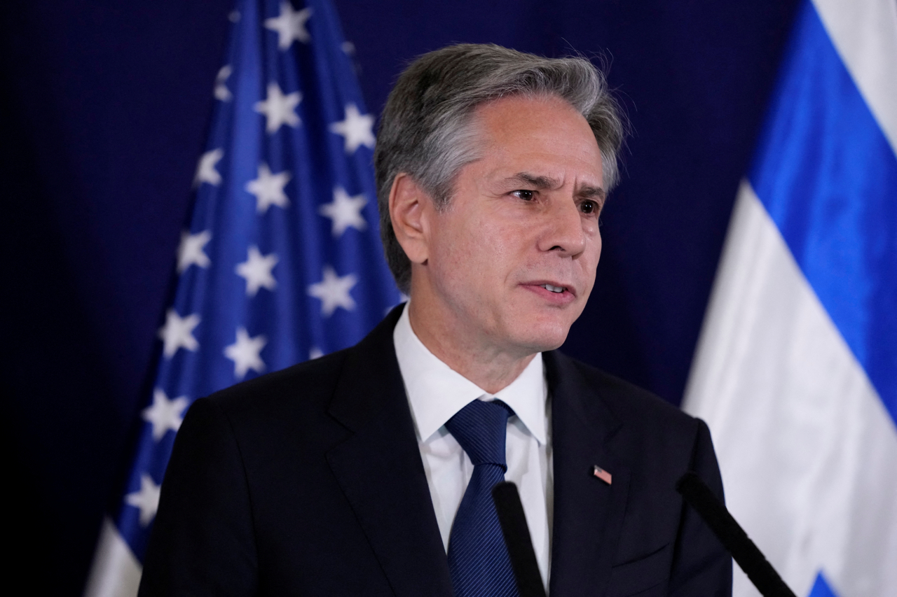 US Secretary of State Antony Blinken makes a statement to the media inside The Kirya, which houses the Israeli Ministry of Defense, after a meeting with Israel's Prime Minister Benjamin Netanyahu, in Tel Aviv, Israel, Thursday. (Reuters)