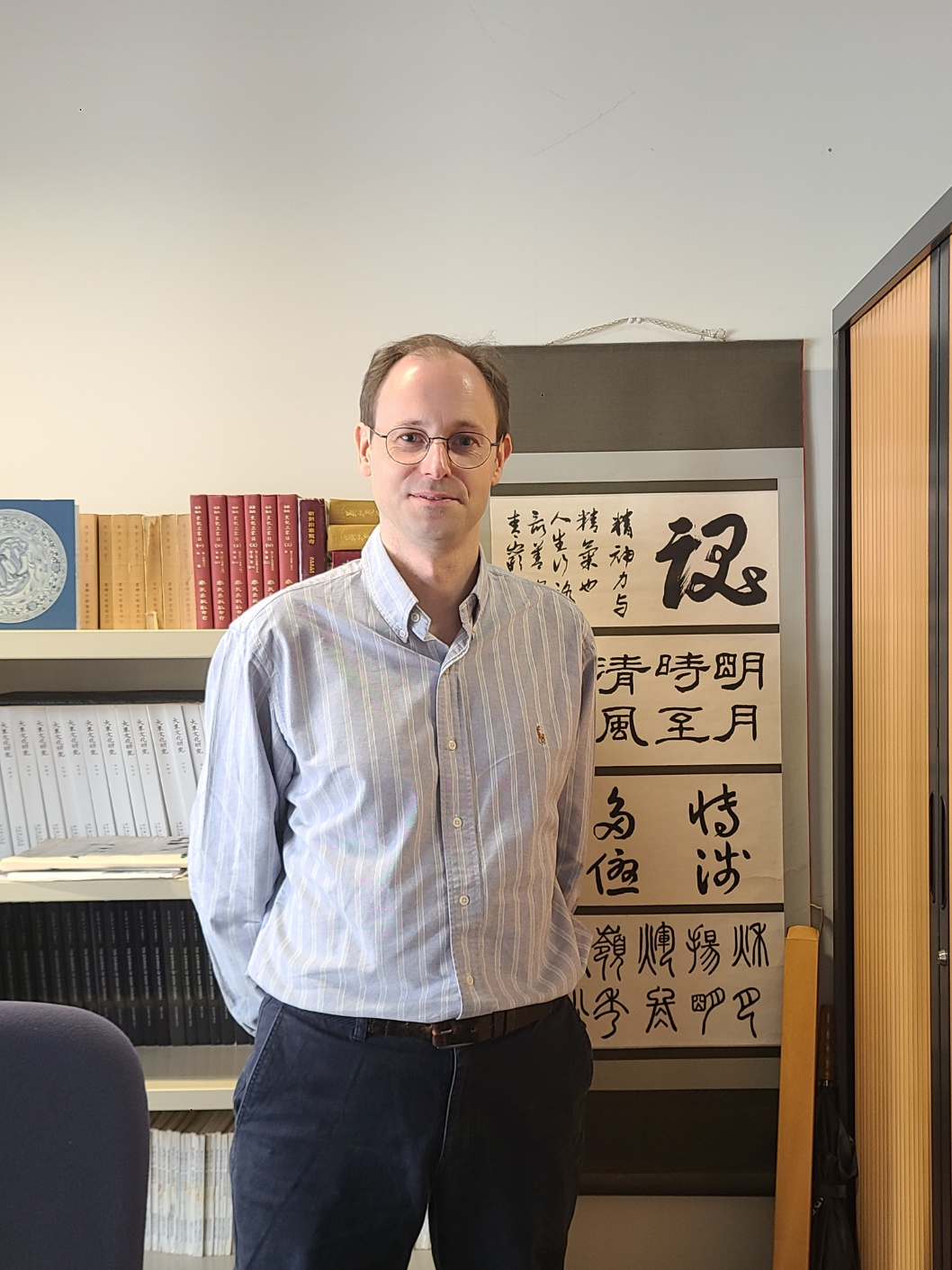 Pierre-Emmanuel Roux, an associate professor of East Asian history at Paris Cite University, poses for a photo during an interview held at the university on Sept. 25. (Jung Min-kyung/The Korea Herald)