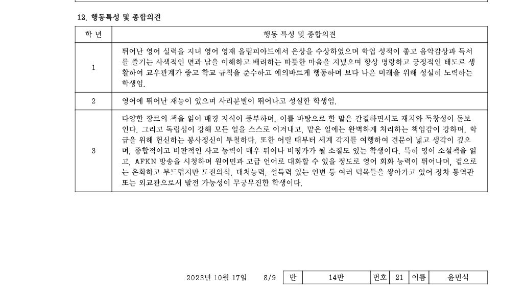 A high school transcript. (Yoon Min-sik/The Korea Herald)