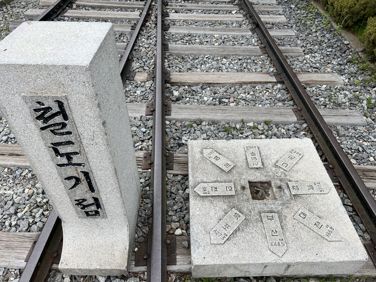 A railroad starting point signpost that was installed at the Seoul Station in February 1972 (Kim Hae-yeon/ The Korea Herald)