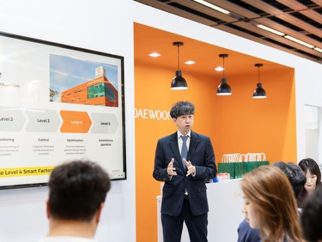 Kim Do-young, head of Daewoong Pharmaceutical's Global Business Development Center, speaks during a press conference held at the company's exhibition booth at the Convention on Pharmaceutical Ingredients Worldwide 2023 in Barcelona, Spain, Wednesday. (Daewoong Pharmaceutical)