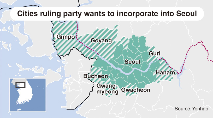 A map displays the surrounding cities that the ruling People Power Party wishes to incorporate into Seoul. (Yonhap)