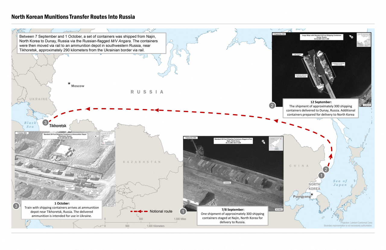 This image released by the US Government on October 13, 2023, reportedly shows the transfer of military equipment from North Korea to Russia. (Photo - AFP)