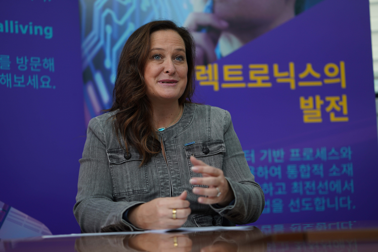 Katherine Dei Cas, global head of delivery systems and services at EMD Electronics, the electronics business unit of Merck, speaks during a recent interview with The Korea Herald at Merck Korea's Ansan site in Gyeonggi Province. (Merck Korea)