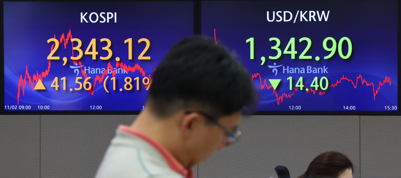 Electronic signboards at the trading room of Hana Bank in Seoul show Kospi closing at 2,343.12 points, Korean won against the US dollar at 1,342.9 won, Thursday. (Yonhap)