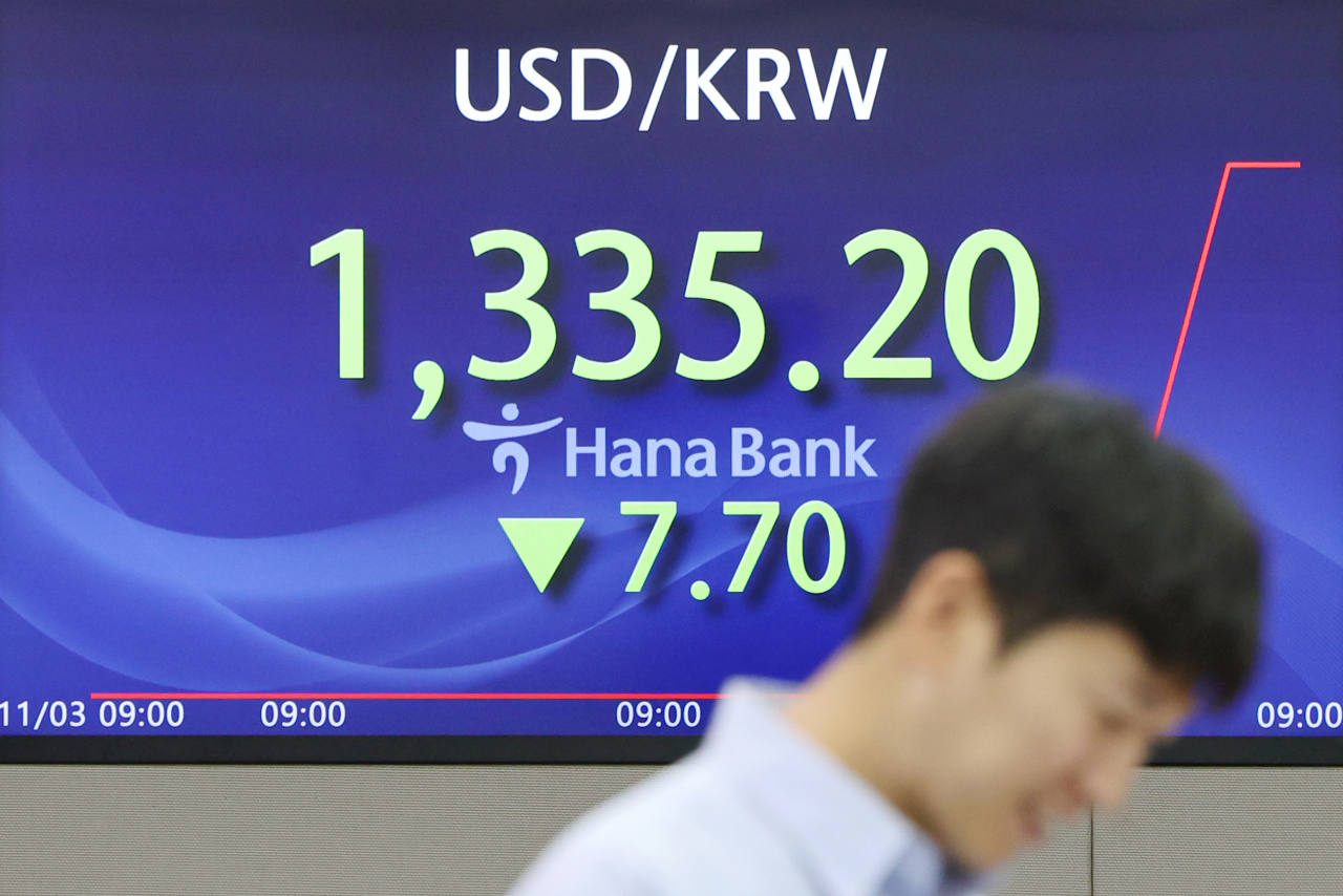 An electronic board showing the Korea Composite Stock Price Index at a dealing room of the Hana Bank headquarters in Seoul on Friday (Yonhap)