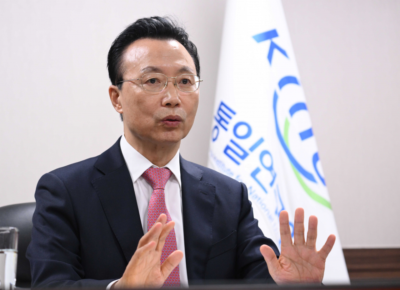 President of the state-funded Korea Institute for National Unification, Kim Chun-sig, speaks at his office in Seoul on Oct. 30. (Lee Sang-sub/The Korea Herald)